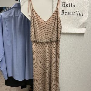 Adrian Papell Beaded V-Neck Blouson Sleeveless Gown taupe.